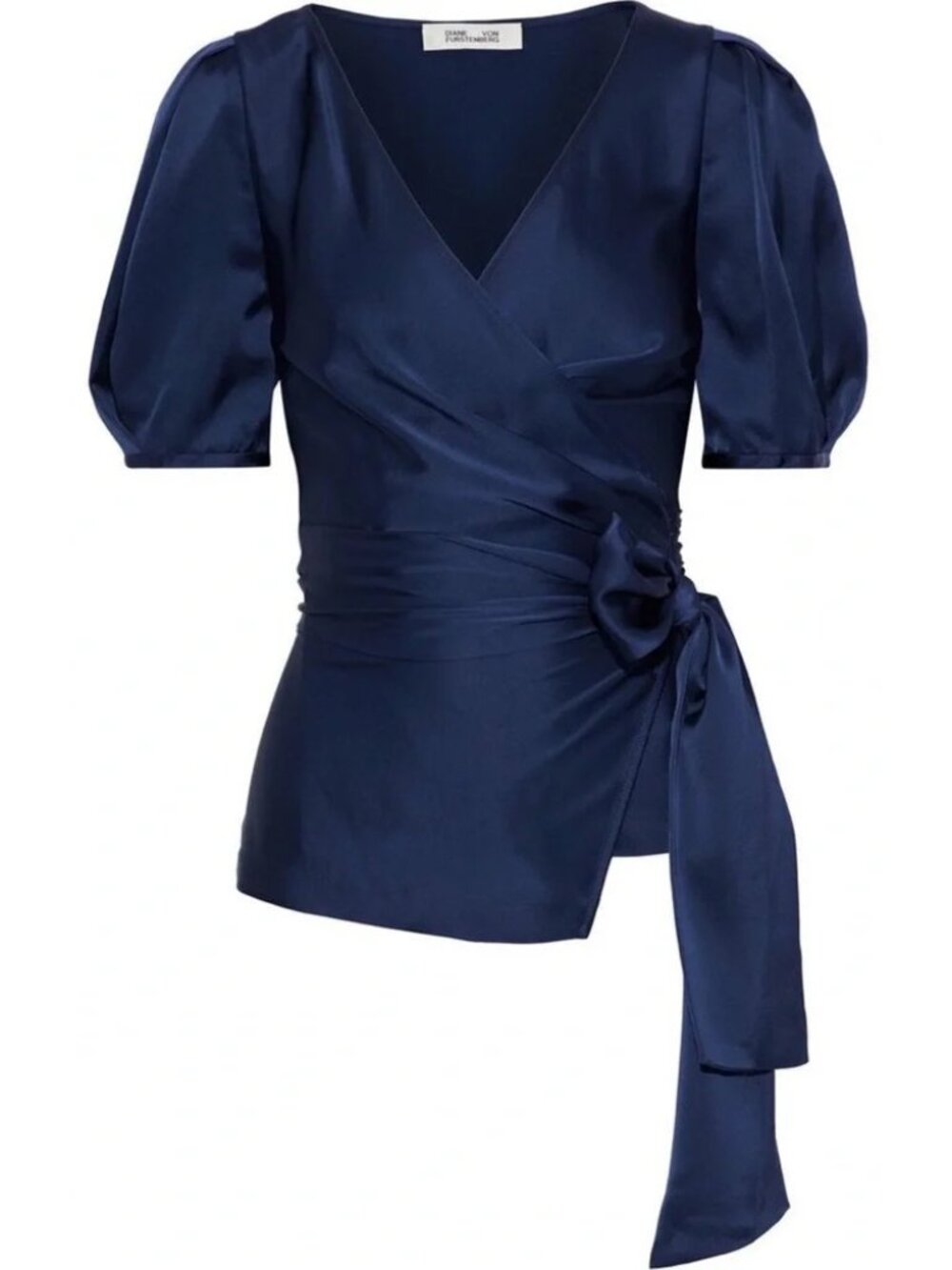 NWT Diane von Furstenberg DVF blue satin puff sleeve wrap Larryn top